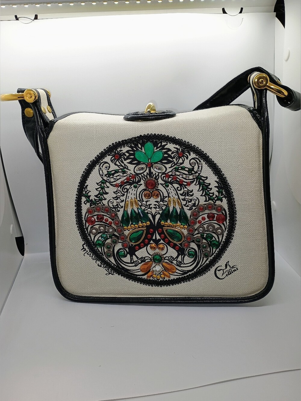 Vintage Enid Collins Of Texas Canvas Jewled Rooster Mirror Image Bag